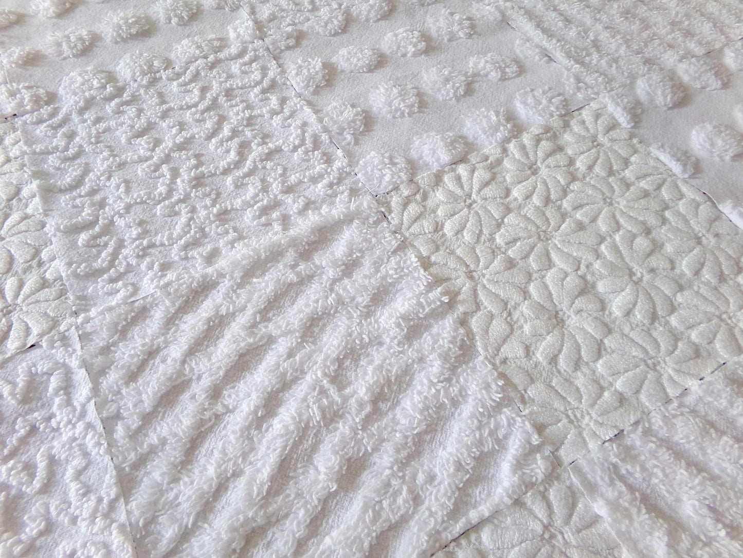 White Fabric Squares Cut from Vintage Woven & Chenille Bedspreads, *Daisies in Snow* Shades of White, 16 Quilt Blocks, 6" x 6" inch each