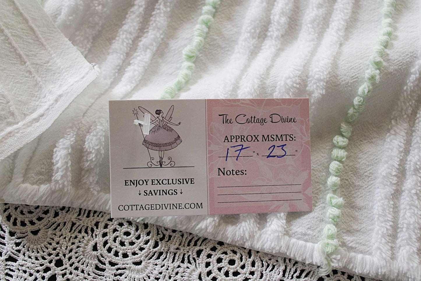 Mint Green Pearl Pops Vintage Chenille Quilt Fabric, White Skinny Stripes, 17" x 23" inch Piece, 100% Cotton