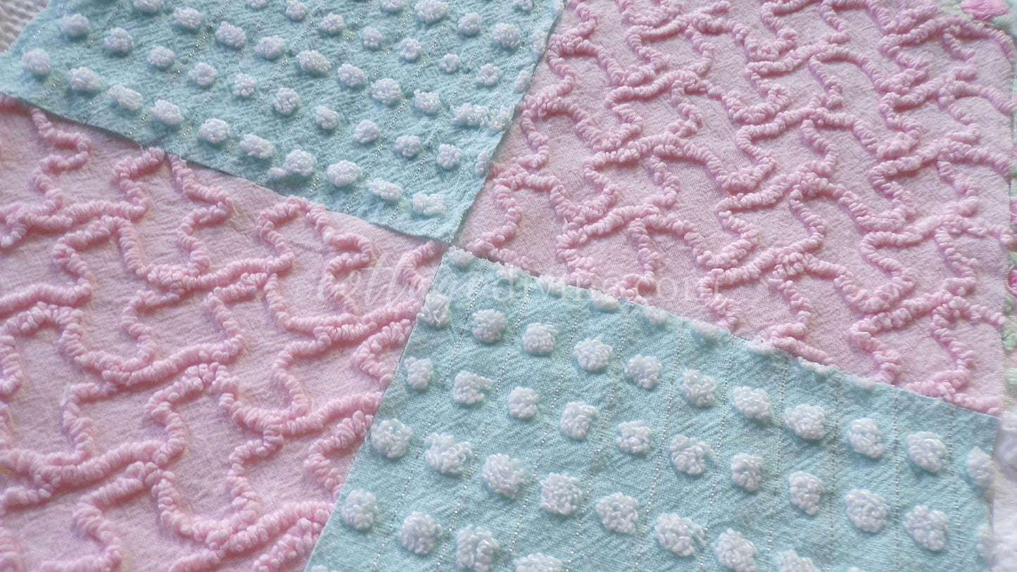 Classic Cottage Chic Chenille Quilt Squares Set from Vintage Bedspread Fabric, 16 Blocks, 6" x 6" inch, Pretty Pink Rosebud, Aqua & White