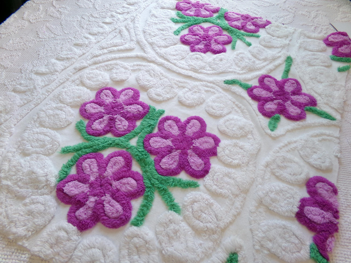 Lilac Garden Blooms Vintage Chenille Fabric, Pretty 22" x 20" Piece of Plush White Cotton Sewing Material Upcycle into Quilts & Crafts