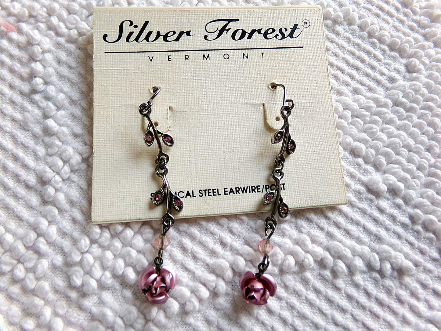 Simple Pink Rose Dangle Pierced Earrings, Vintage Silver Forest Boho Style Jewelry, Dainty Floral With Pink Faux Stones in Little Leaves
