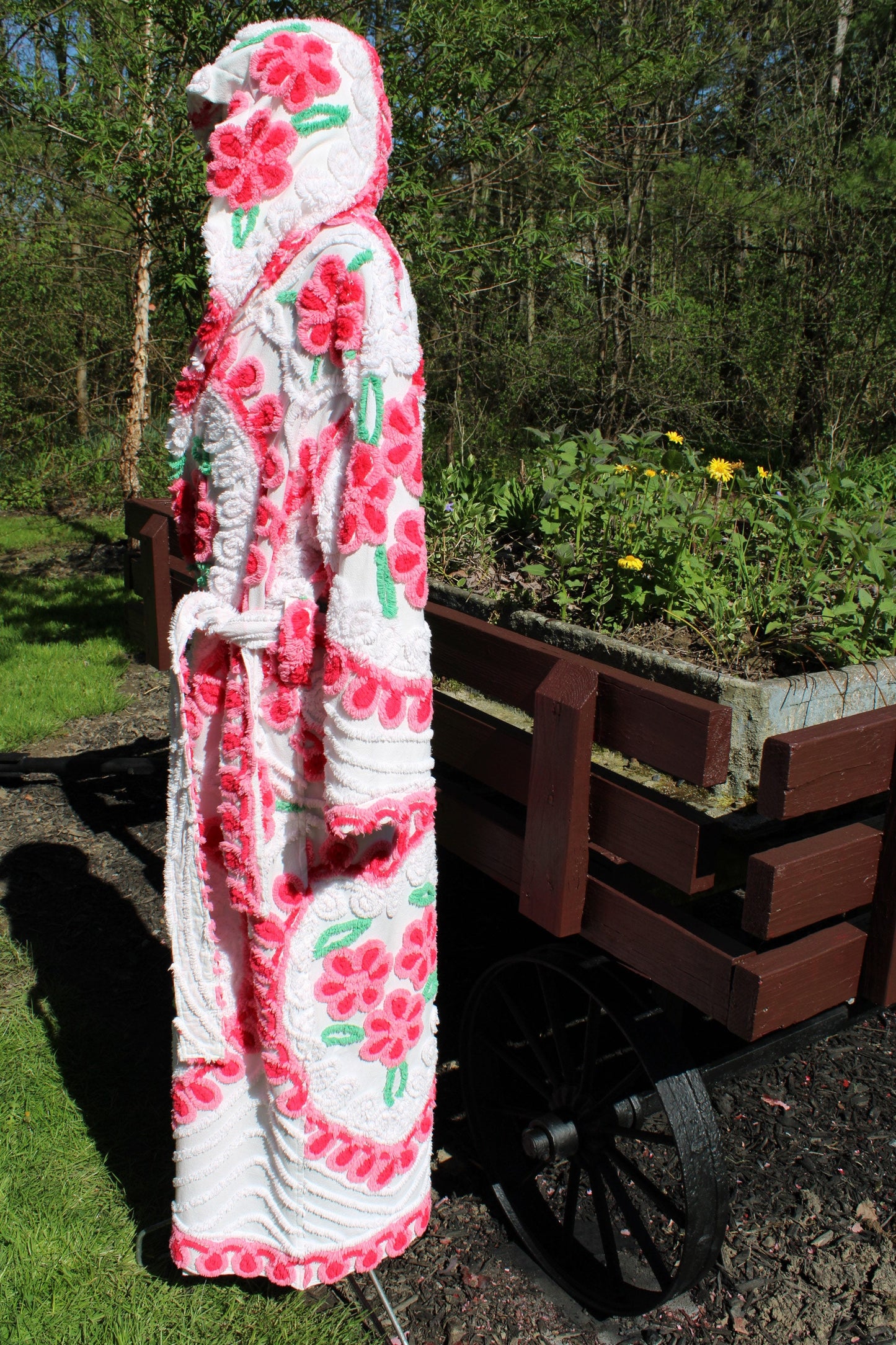 Hooded Chenille Robe in Pink Hearts & Flowers, Cozy Cute Medium / Large Hooded Vintage Style Women's Bathrobe