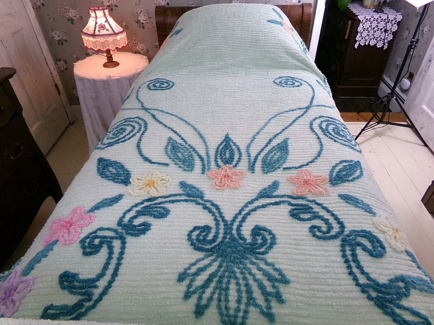 Mint Green Vintage Full Chenille Bedspread Midcentury Sprawling Scroll Floral Design