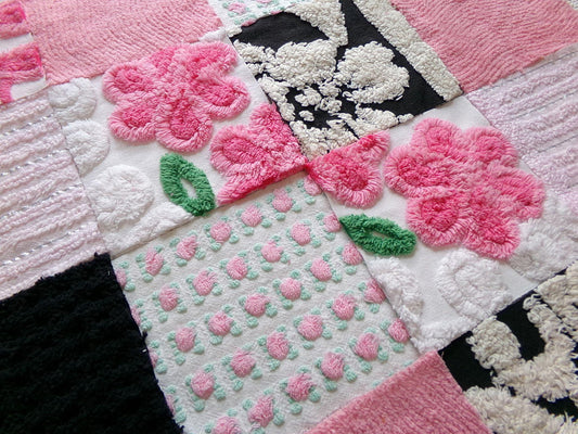french cafe chenille squares, set of 16 vintage pink & black 6" fabric blocks, chic designs for quilt inlays, pillows, fiber arts