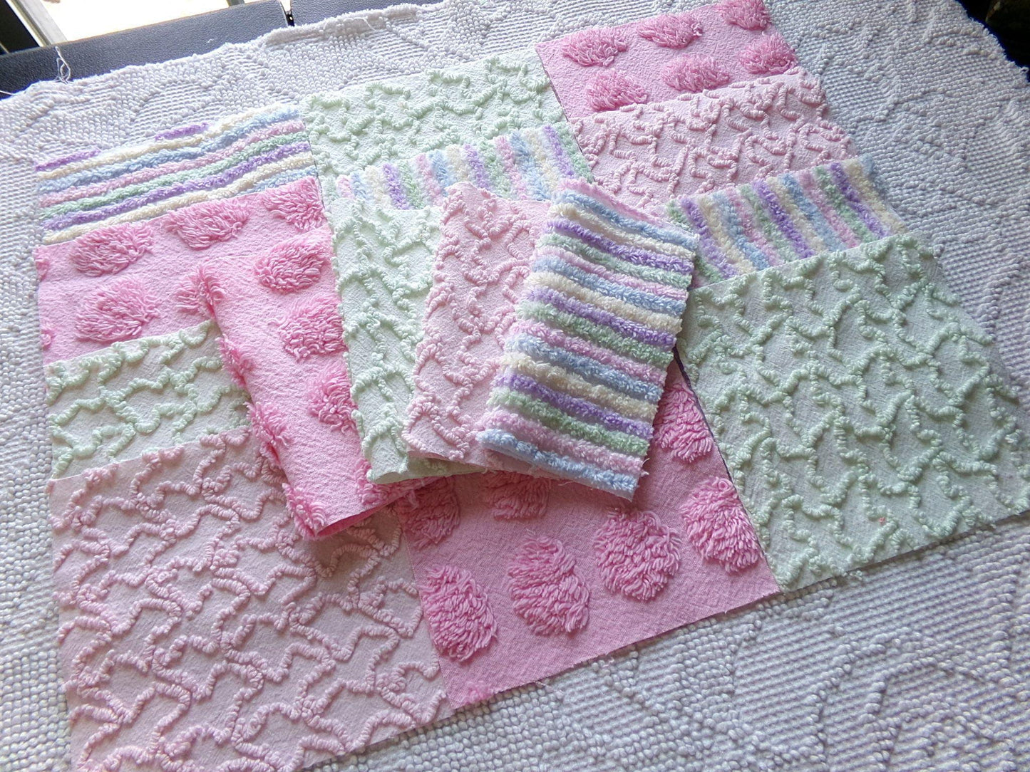 enchanted rainbow chenille fabric squares, set of 16 vintage pink & green quilt blocks 6" ea, rosebud, squiggles for crafts, quilting