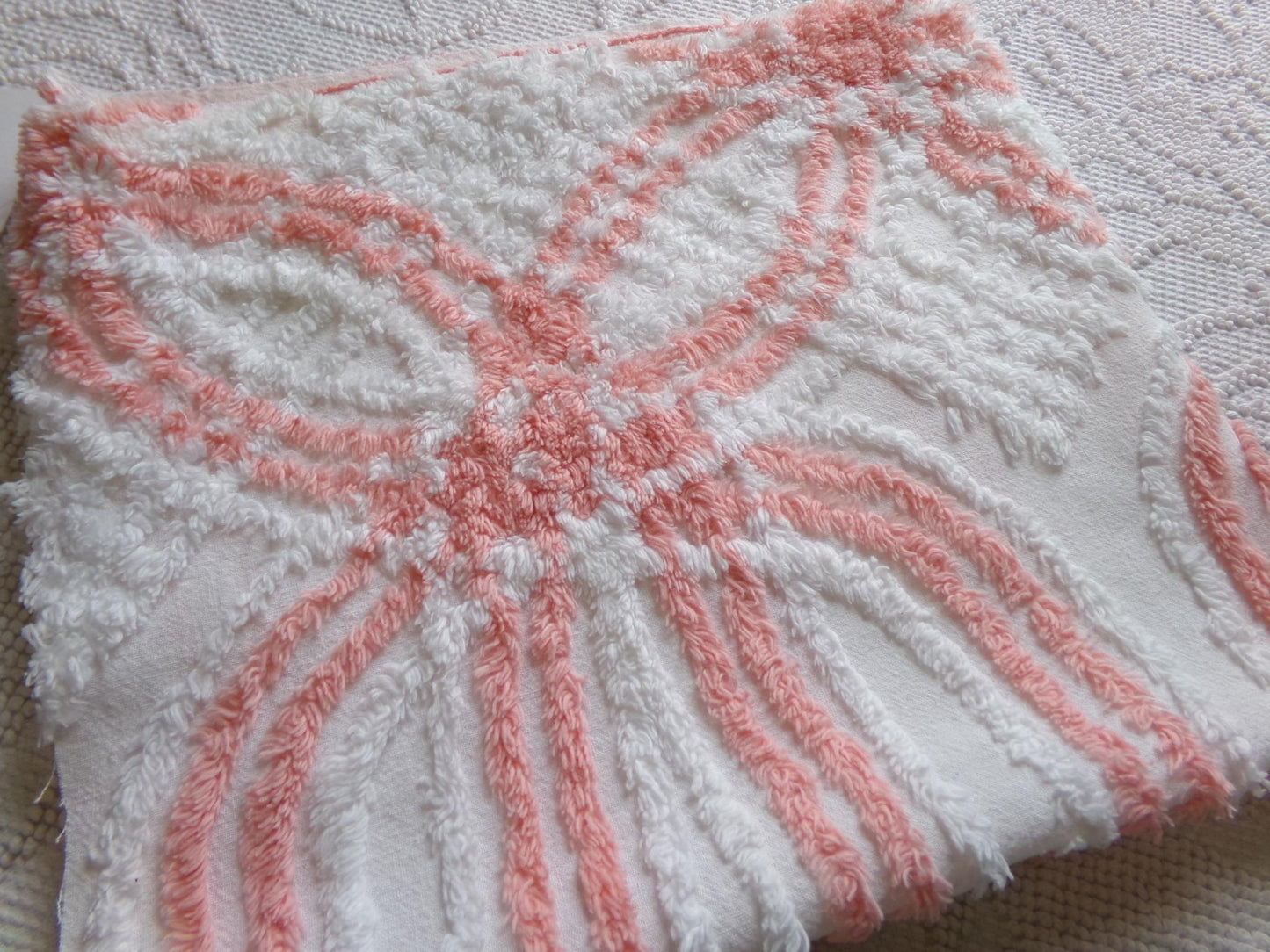 vintage chenille fabric in peachy white geometric design, 22" x 24" piece of lightweight cotton sewing & quilt material