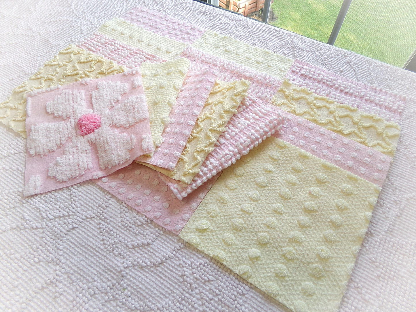 celebrate spring vintage chenille fabric squares, set of 17 pink & yellow 6" blocks for crafts, sewing