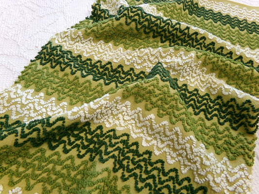 groovy green zig zag vintage chenille fabric, earthy avocado, olive textured pattern, 18" x 24" cut piece for arts & crafts