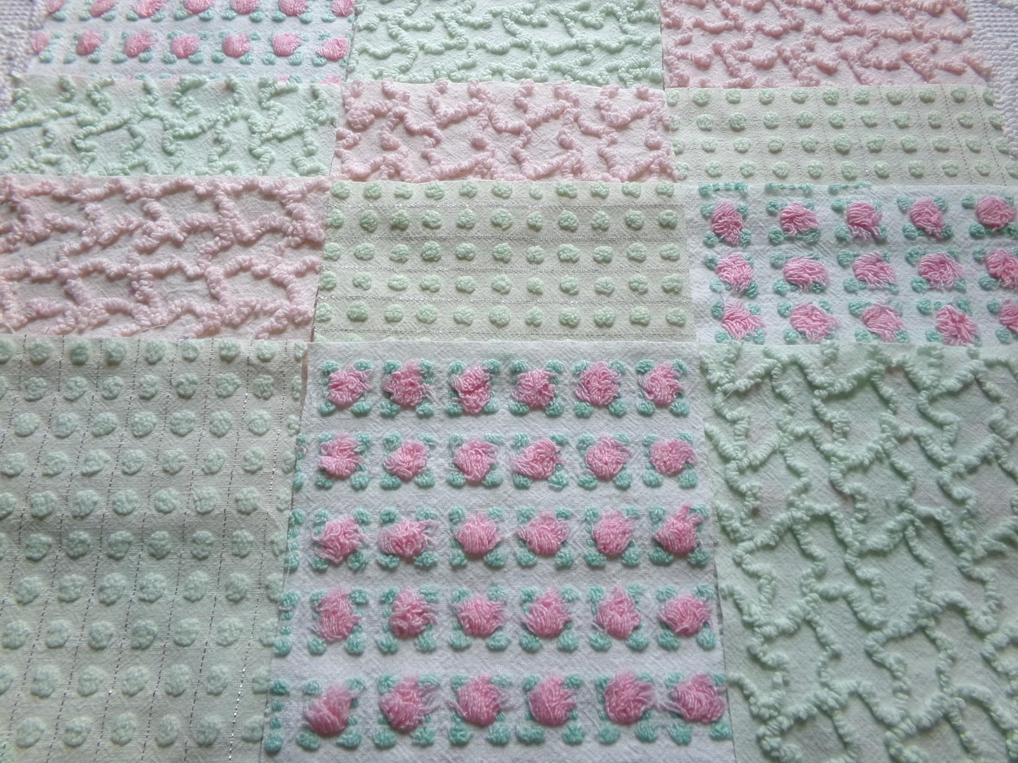 fairytale pink & green chenille fabric squares, set of 12 vintage 6" quilt blocks in crafty girl's dozen, popular squiggles, rosebud, dots