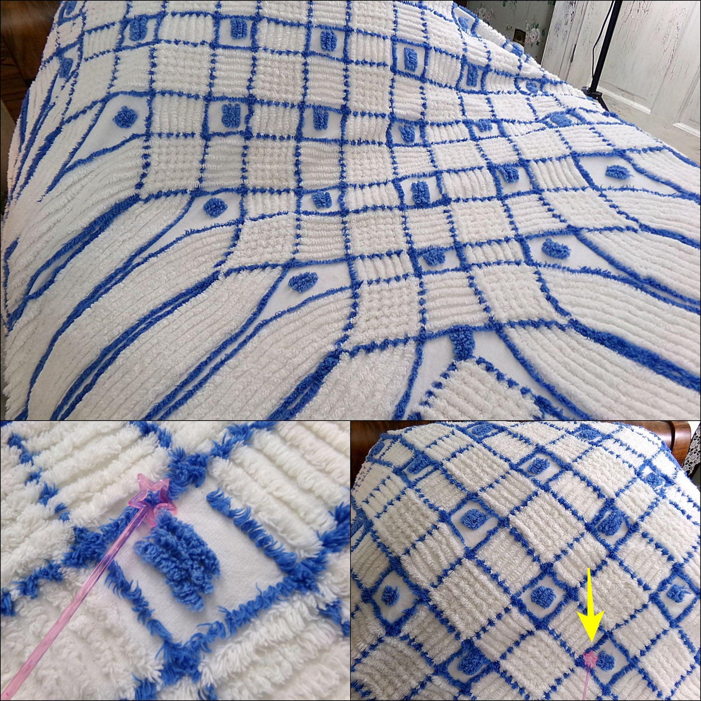 nautical vibes vintage chenille bedspread, blue dots on white cotton with cathedral stripes, full size coastal cottage bedding