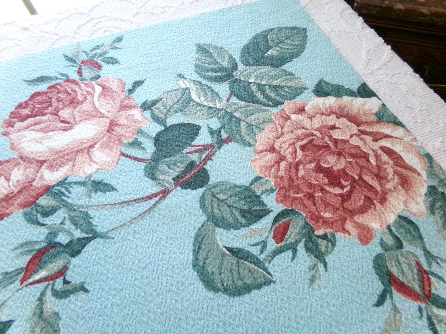 stunning vintage barkcloth fabric in life like rose bloom print, 18" x 26" inch piece from a deconstructed curtain panel