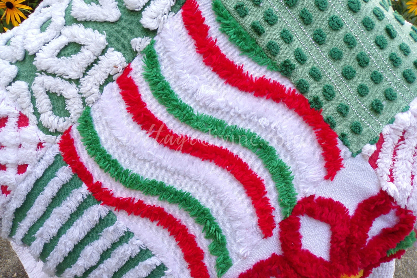 Christmas Patchwork Chenille Pillow Cover 16" x 16" inch Square, REVERSIBLE Accent Pillow Designed from Vintage Chenille Bedspread Fabric