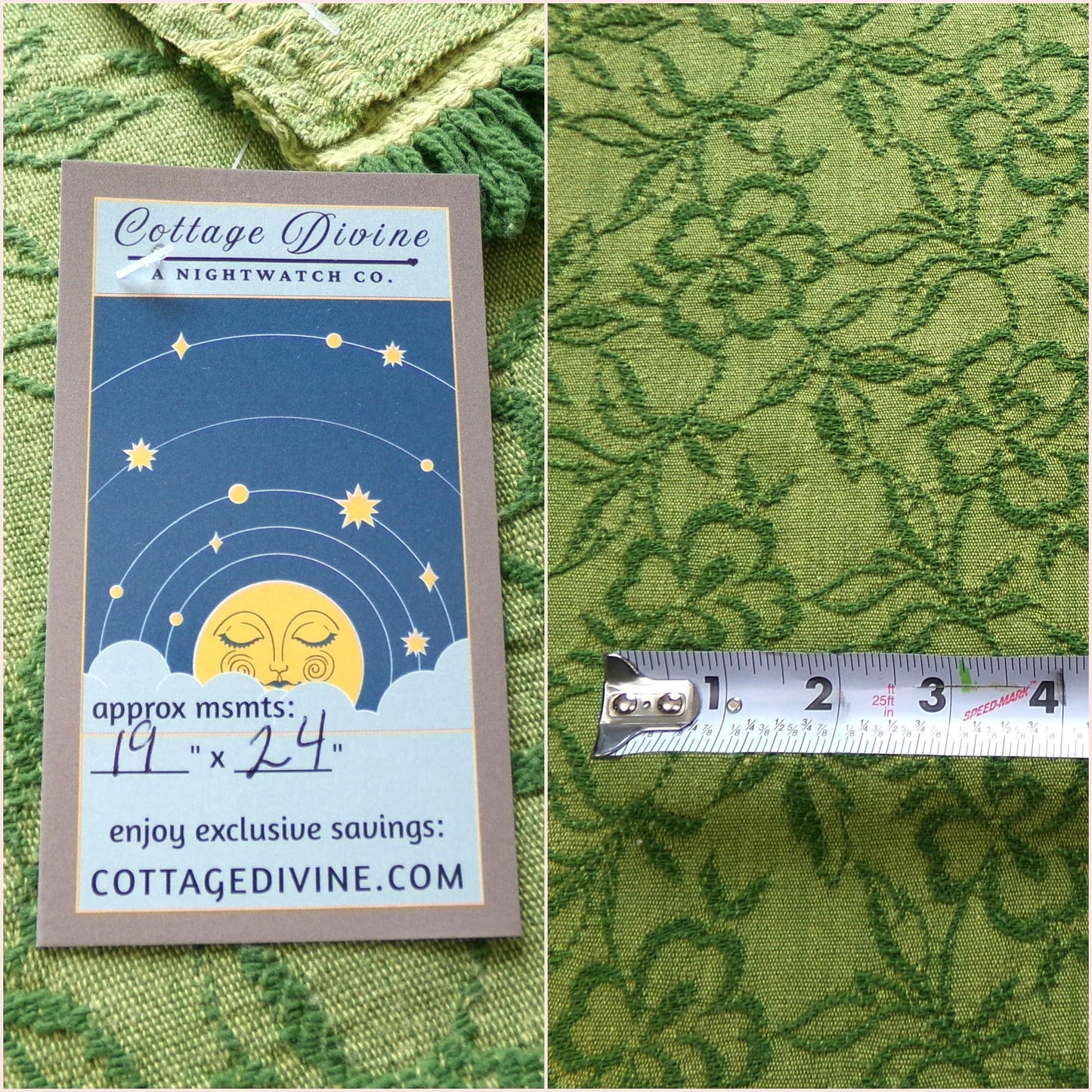 grecian green rose vintage woven fabric, gothic floral design w/ scallop fringe trim edge, 19" x 24" cut piece great for small bags