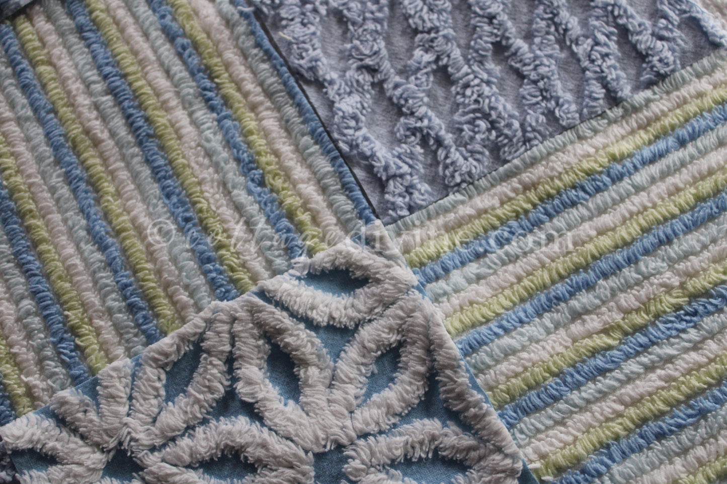 COOL COASTAL Chenille Quilt Squares Set, from Vintage Bedspread Fabric, 16 Blocks, 6" inch