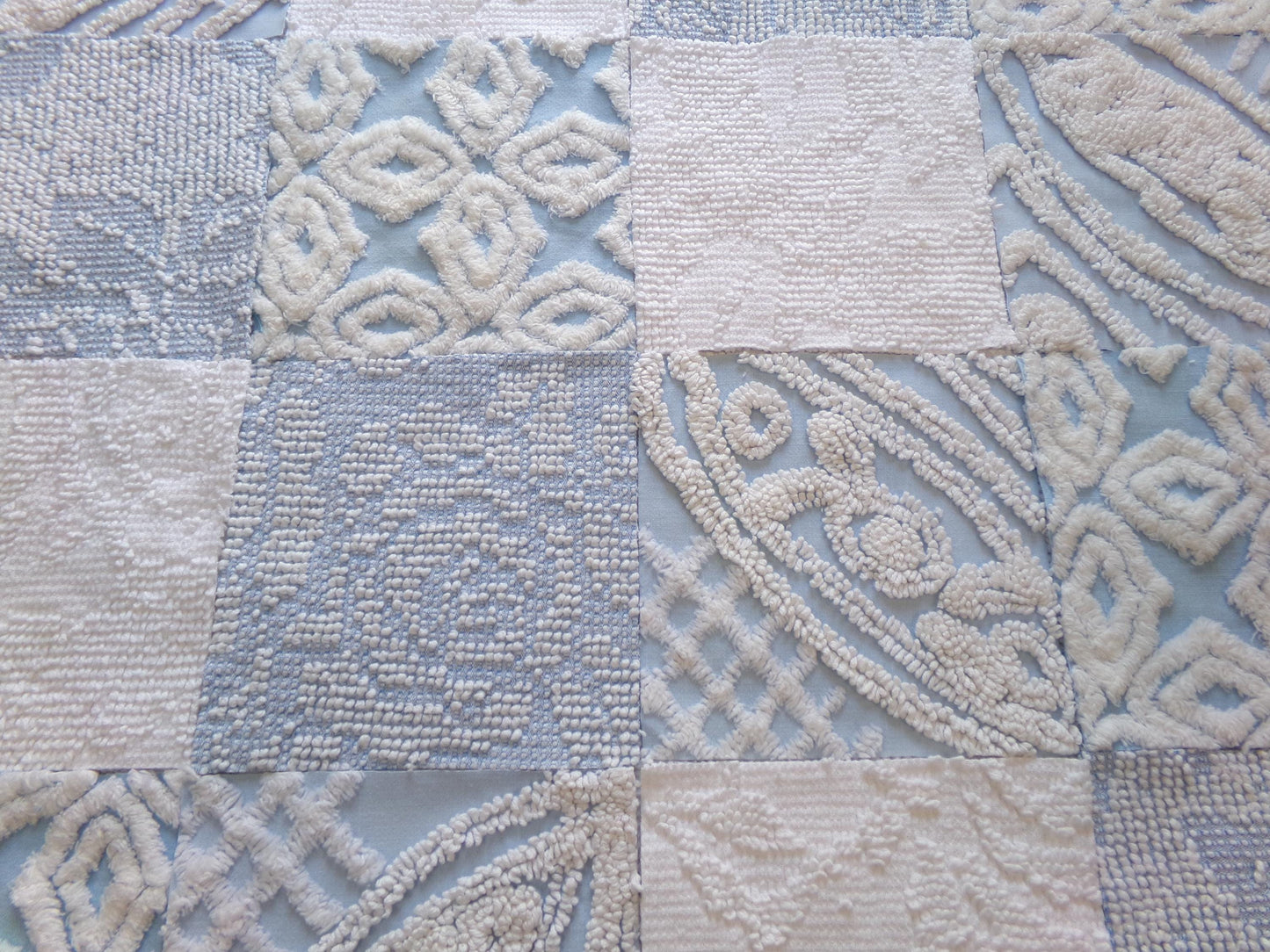 seaside serenity vintage chenille fabric squares, set of 16 blue & white 6" blocks for crafts, sewing