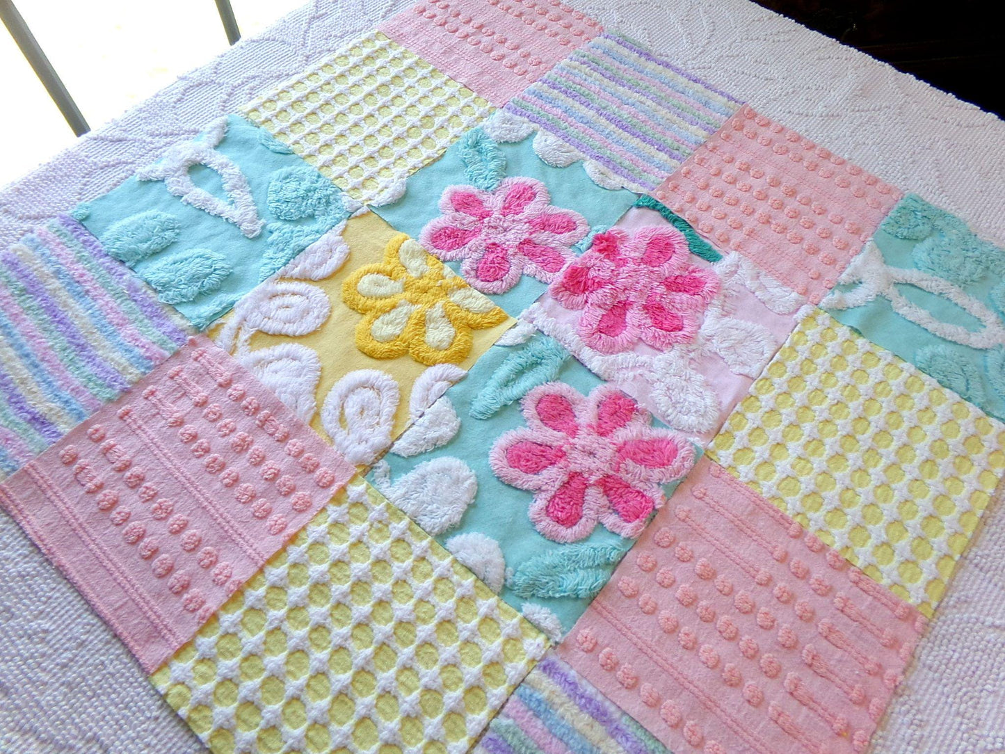 spring spirit chenille fabric squares, set of 16 pretty vintage pastel quilt blocks in rainbow pink, yellow, aqua florals & geometrics