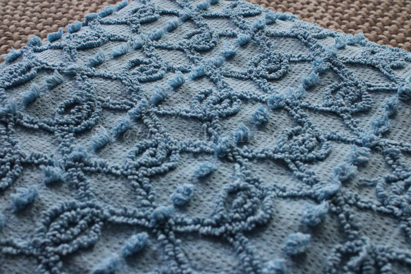 Unique Blue Eternity Link Chenille Seersucker Fabric, Vintage 20" x 24" inch Piece of Sewing Material, Needletuft Geometric Pops Design