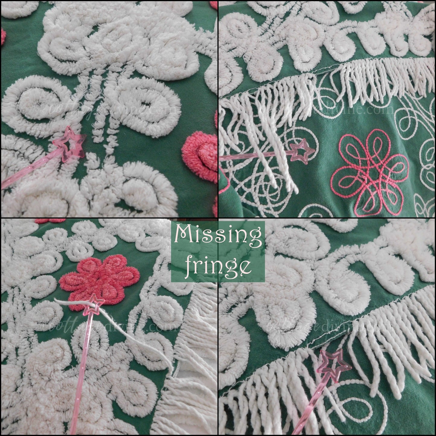 Magnificent Midcentury Vintage Chenille Bedspread, Lipstick Pink Roses on Rich Green with Plush White Swirls, 100% Cotton, FULL Size