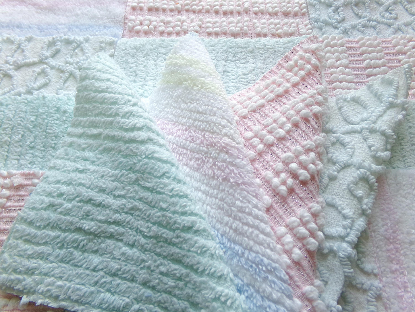 vintage chenille fabric squares, "summer rainbow" set of 16 pastel 6" quilt blocks, gentle geometric patterns, for quilting, crafts & sewing