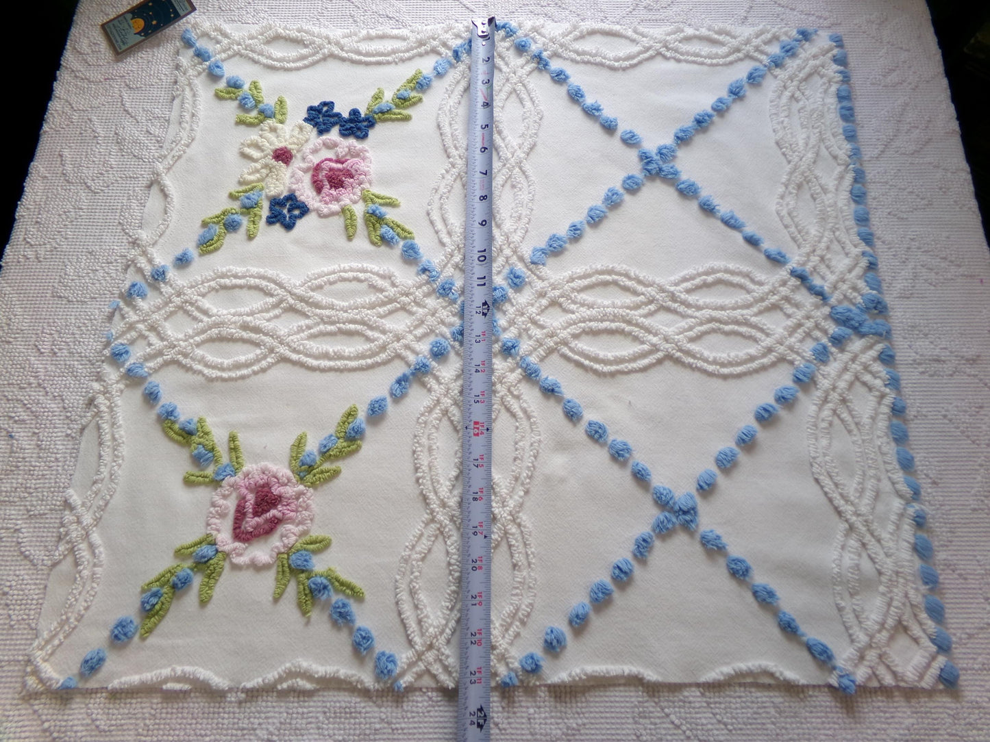 classic shabby style vintage chenille fabric, needletuft florals, blue pops, white cotton material, 22" x 24" piece for sewing, quilting