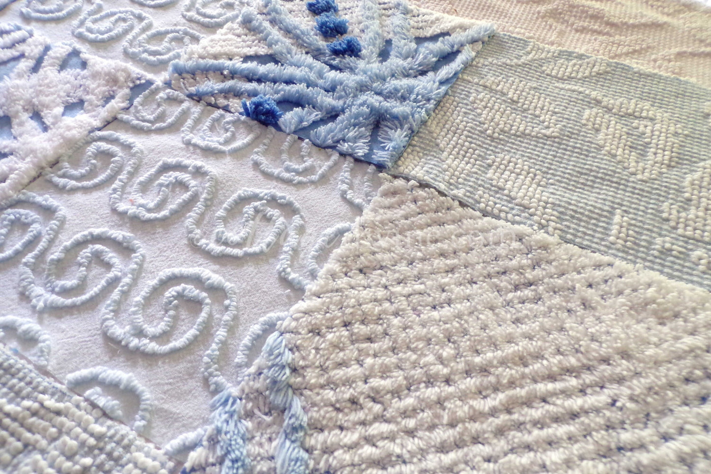 Boho Blues Fabric Squares Set, from Vintage Chenille Bedspread Fabrics, 16 Blocks, 6" x 6" inch