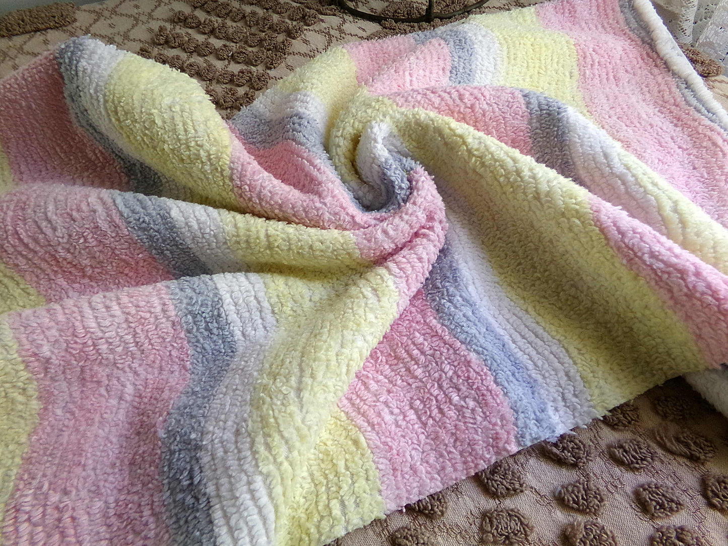 soft cozy striped chenille fabric, vintage 20" x 24" piece of lightweight sewing material in pink, yellow, white & grey ripple stripes