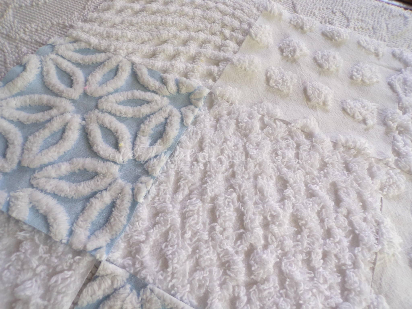 Coastal Chic Chenille Quilt Squares Set from Vintage Bedspread Fabric, 16 Blocks, 6" x 6" inch