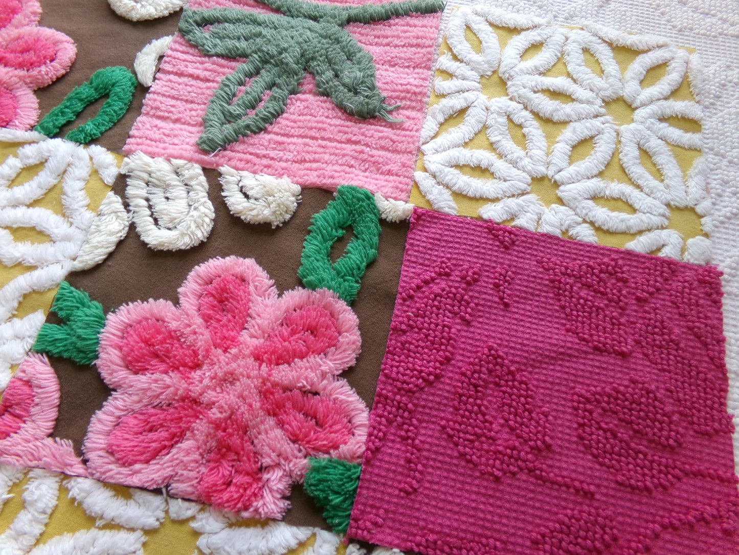 vintage chenille fabric squares, "fairy trail" set of 16 chocolate & pink 6" quilt blocks for quilting, crafts, sewing