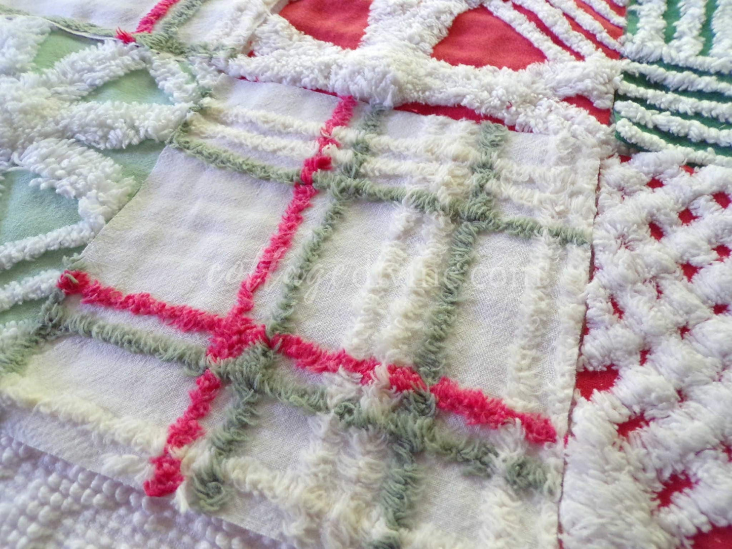 Christmas Quilt Squares Set, Rotary Cut from Vintage Chenille Bedspread Fabric, 16 Blocks, 6" x 6" inch, Traditional Red, Green & White