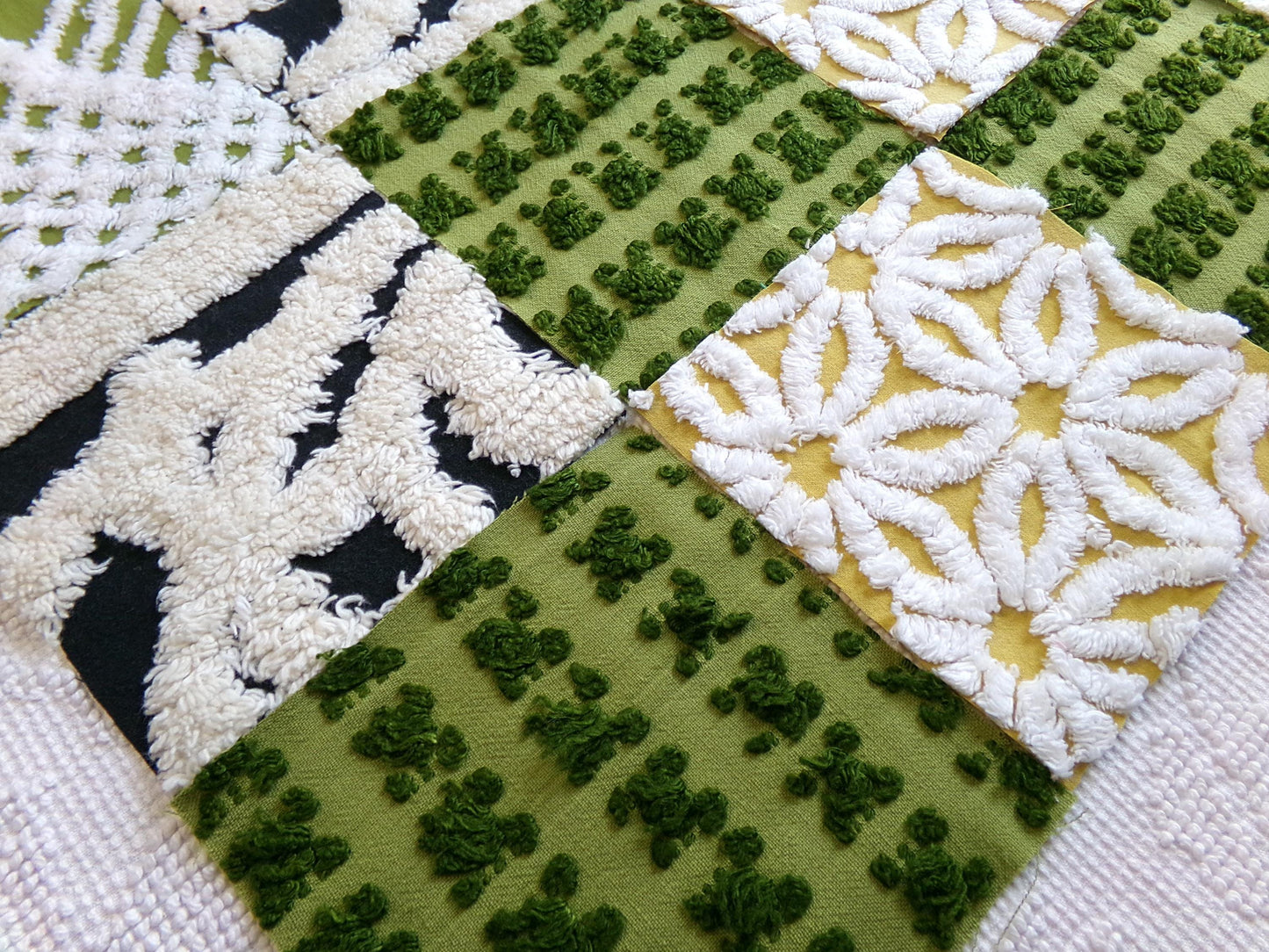 bewitching vintage chenille fabric squares, set of 16 black, green & gold 6" quilt blocks for crafts, sewing, diy pillow covers