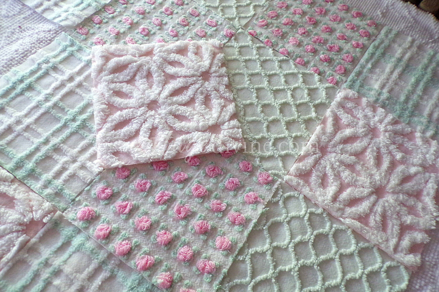 Picnic Time Chenille Quilt Squares Set from Vintage Bedspread Fabric, 16 Blocks, 6" x 6" inches each, Pretty Green, White, Pink Rosebud