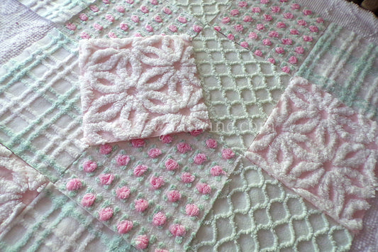 Picnic Time Chenille Quilt Squares Set from Vintage Bedspread Fabric, 16 Blocks, 6" x 6" inches each, Pretty Green, White, Pink Rosebud