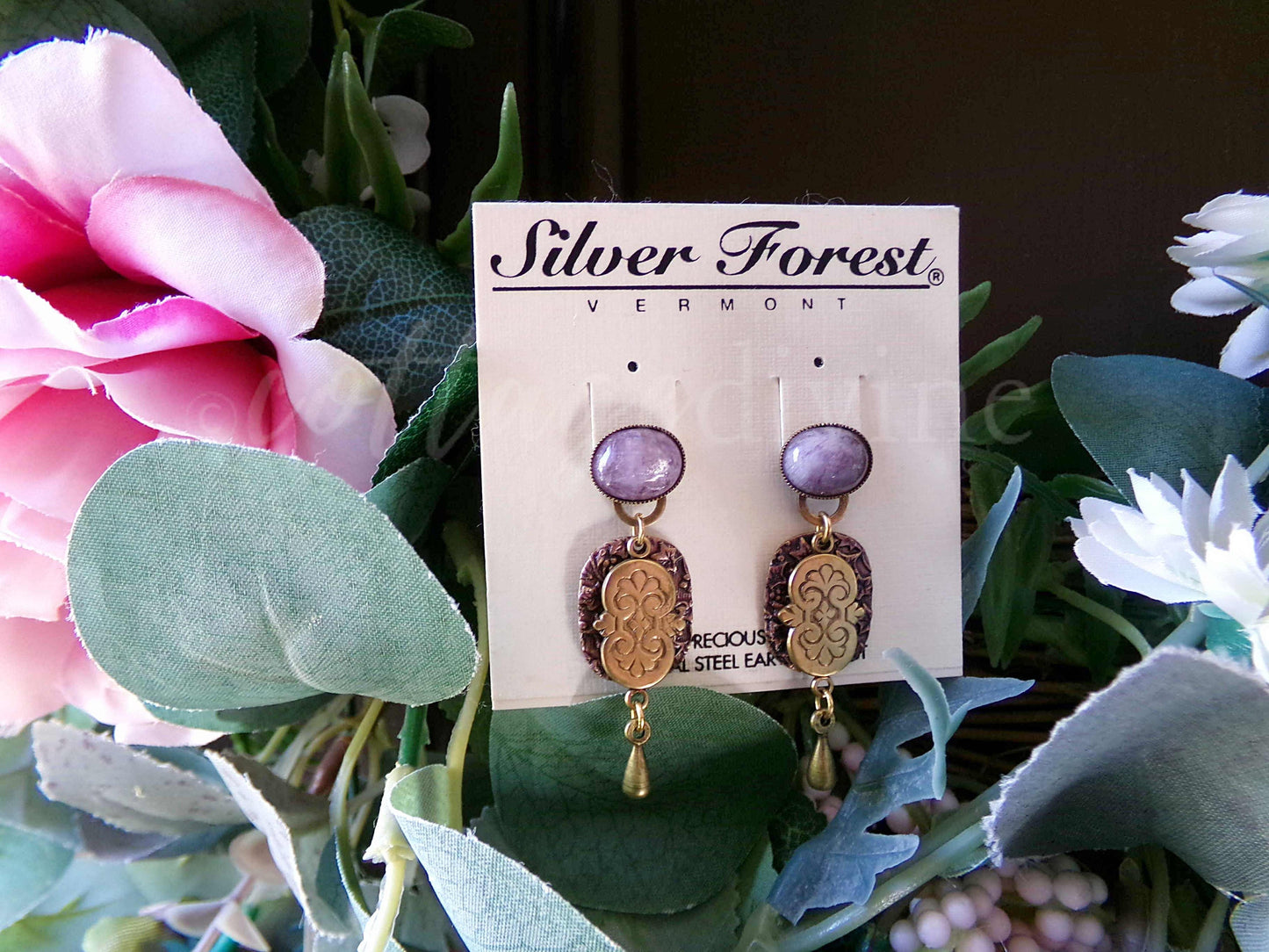 Amethyst Ivy Pierced Dangle Earrings, Artsy Boho Vintage Style Silver Forest Vermont Design, Semi-Precious Stones