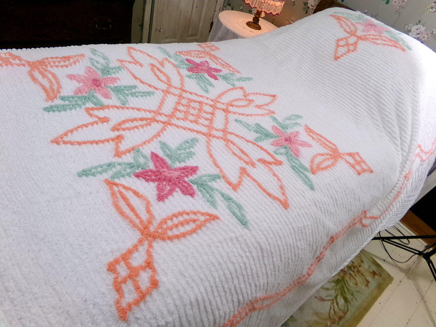 botanical white chenille bedspread, pink lily flowers & citrus orange scrollwork, full size cotton bedding, great summer coverlet