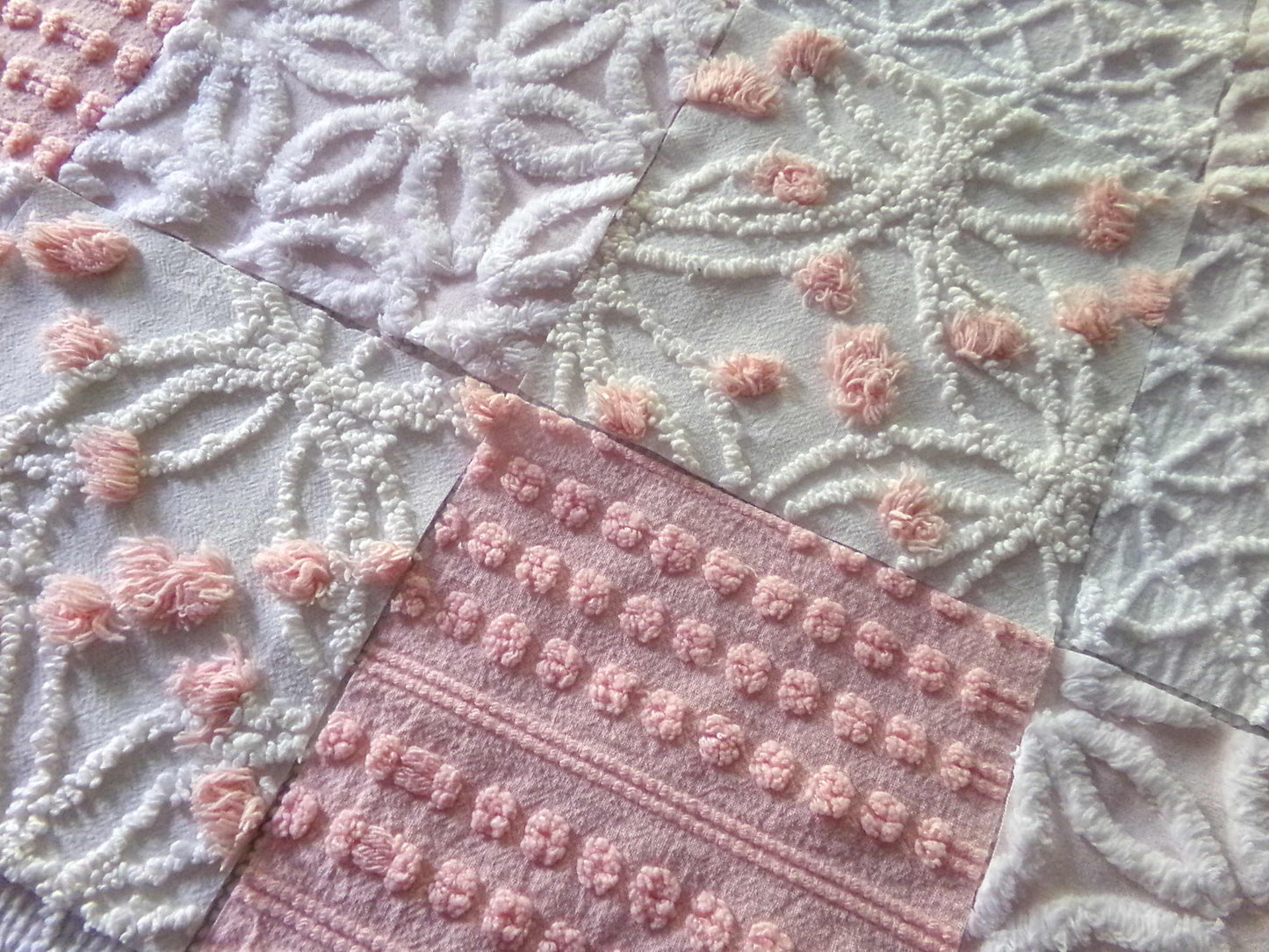 Chenille Fabric Squares Set, "Charmed", 16 Vintage Quilt Blocks, 6" inch in Pinks & White
