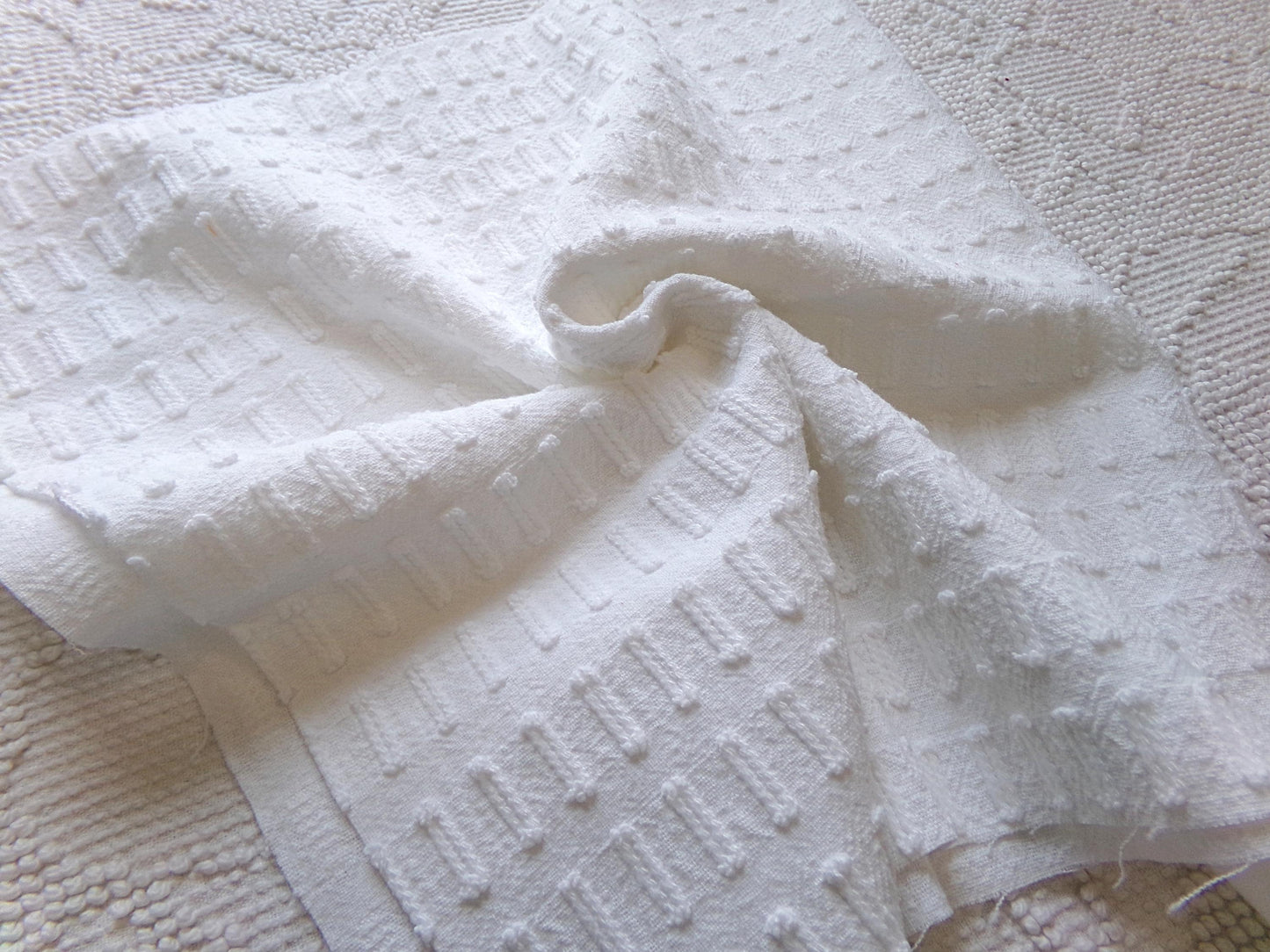 minimalist white vintage chenille fabric: buttonhole design, 18" x 24" cut piece sewing material