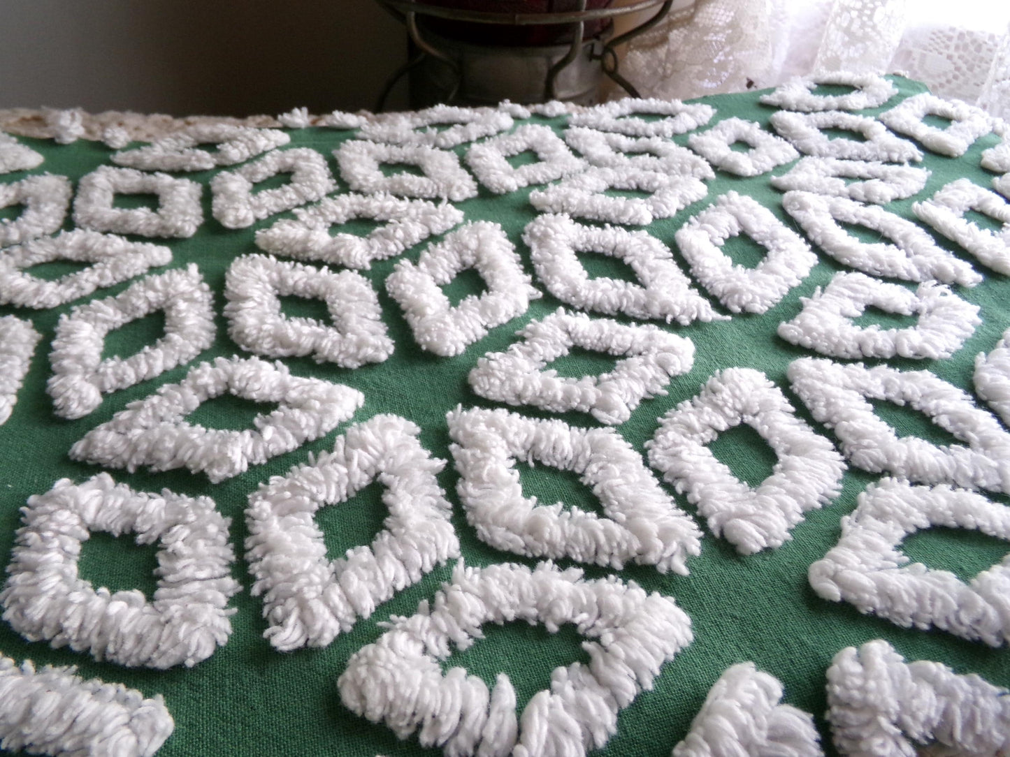 Forest Green Snowflakes Vintage Chenille Material, 18" x 25" inch Fabric Piece, 100% Cotton, Geometric Wedge White Snowflake Design