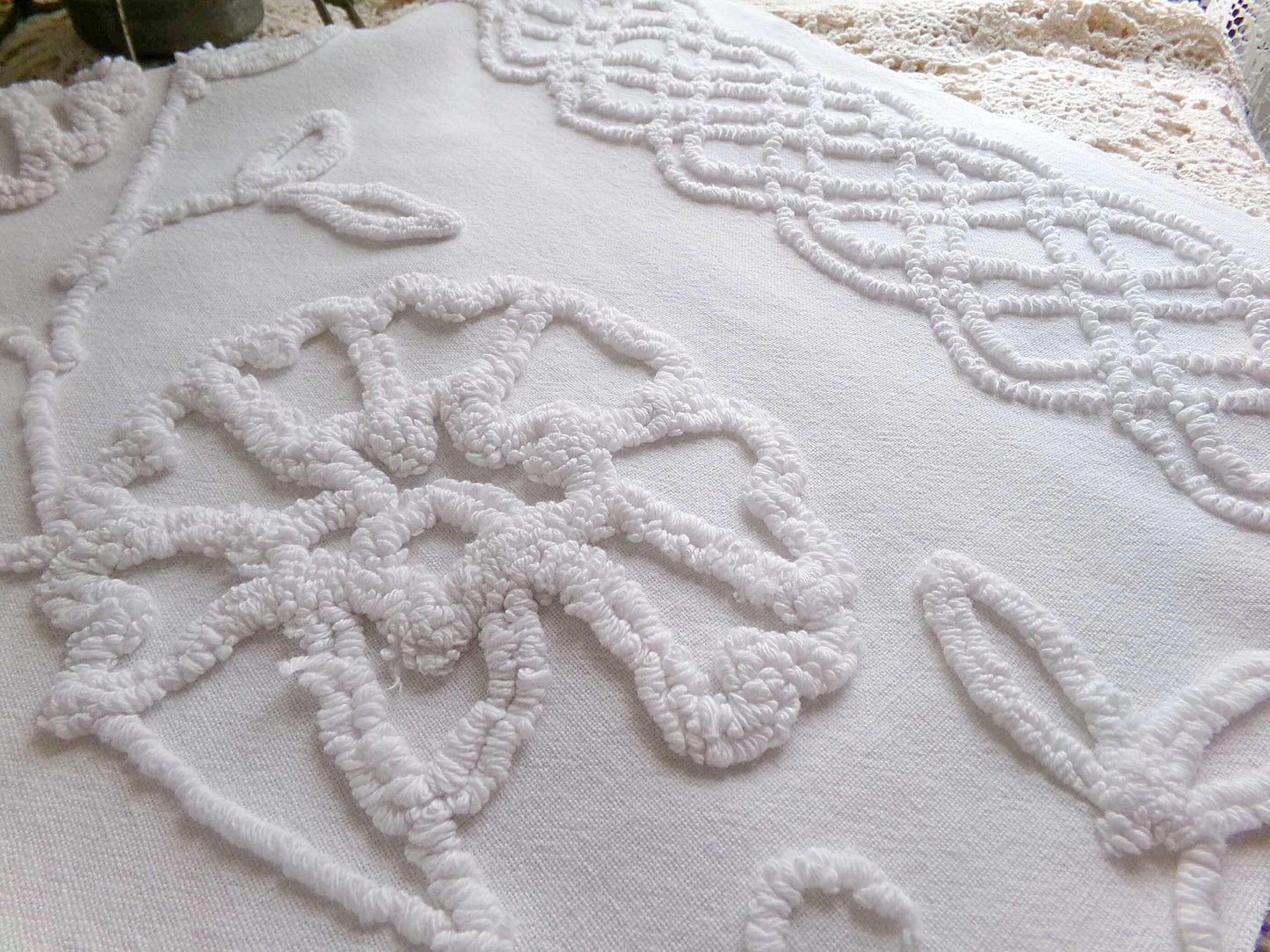 sophisticated white floral vintage chenille fabric, cotton sewing material, 15" x 27" inch piece for crafts & quilting
