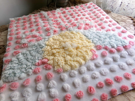 Precious Pink Pops Vintage Chenille Fabric, 15" x 28" Inch Piece, 100% Cotton, Antique Handtufted Plush Flower, Great for DIY Pillows