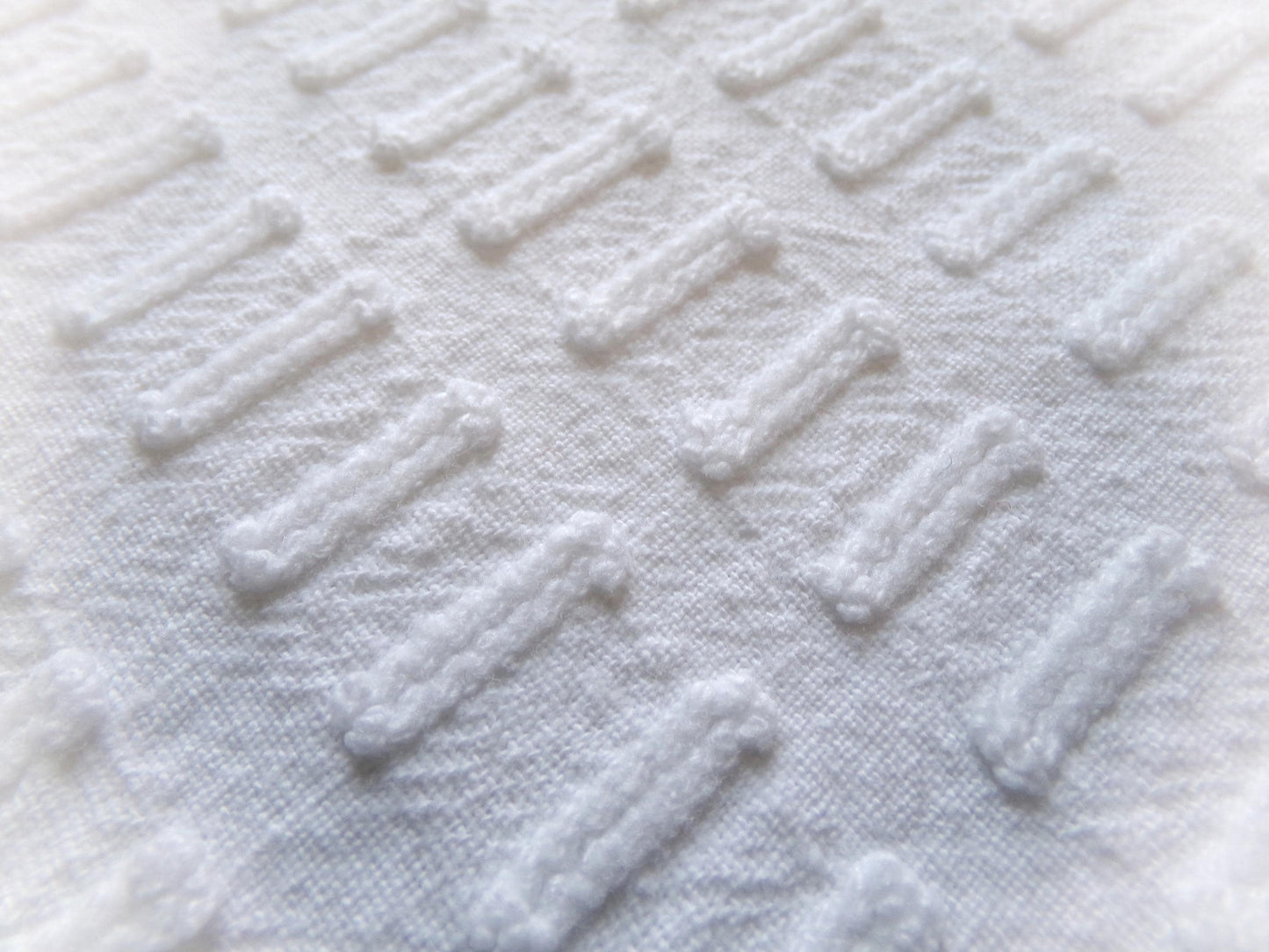 minimalist white vintage chenille fabric: buttonhole design, 18" x 24" cut piece sewing material