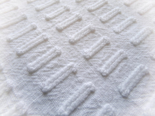 minimalist white vintage chenille fabric: buttonhole design, 18" x 24" cut piece sewing material