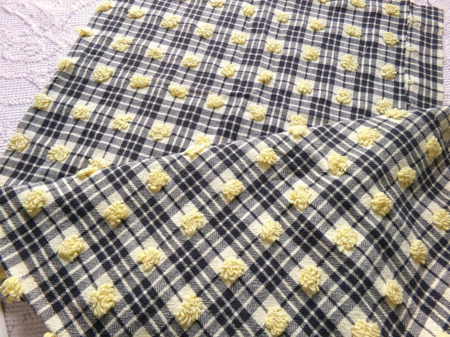 unique black plaid vintage chenille fabric, 18" x 24" piece of sewing material w/ yellow pops