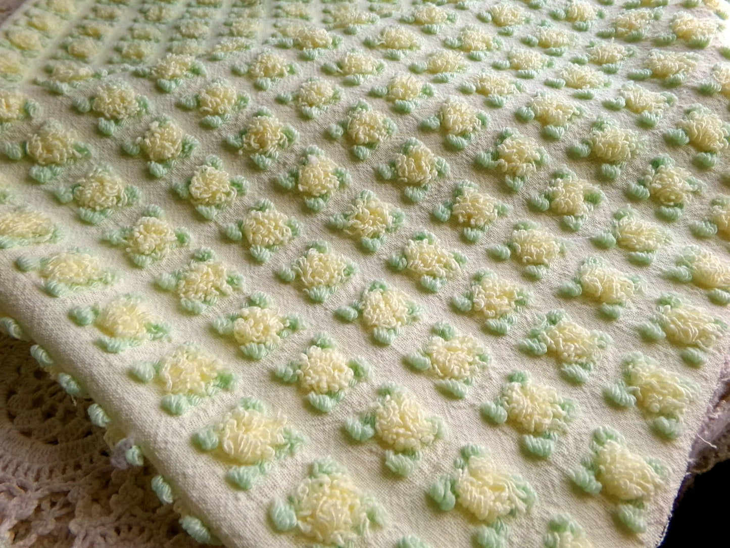 rosebud chenille fabric in radiant lemon chiffon, 18" x 25" piece of vintage quilt material with little yellow rosebuds