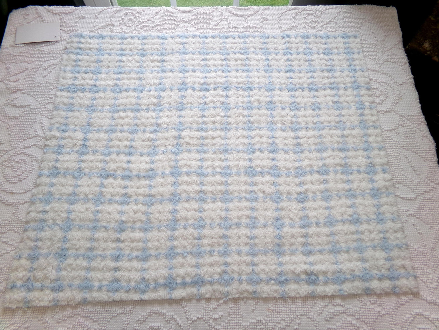 blue & white check vintage chenille fabric, cottage style plaid design, 20" x 24" cut piece for quilting, pillows