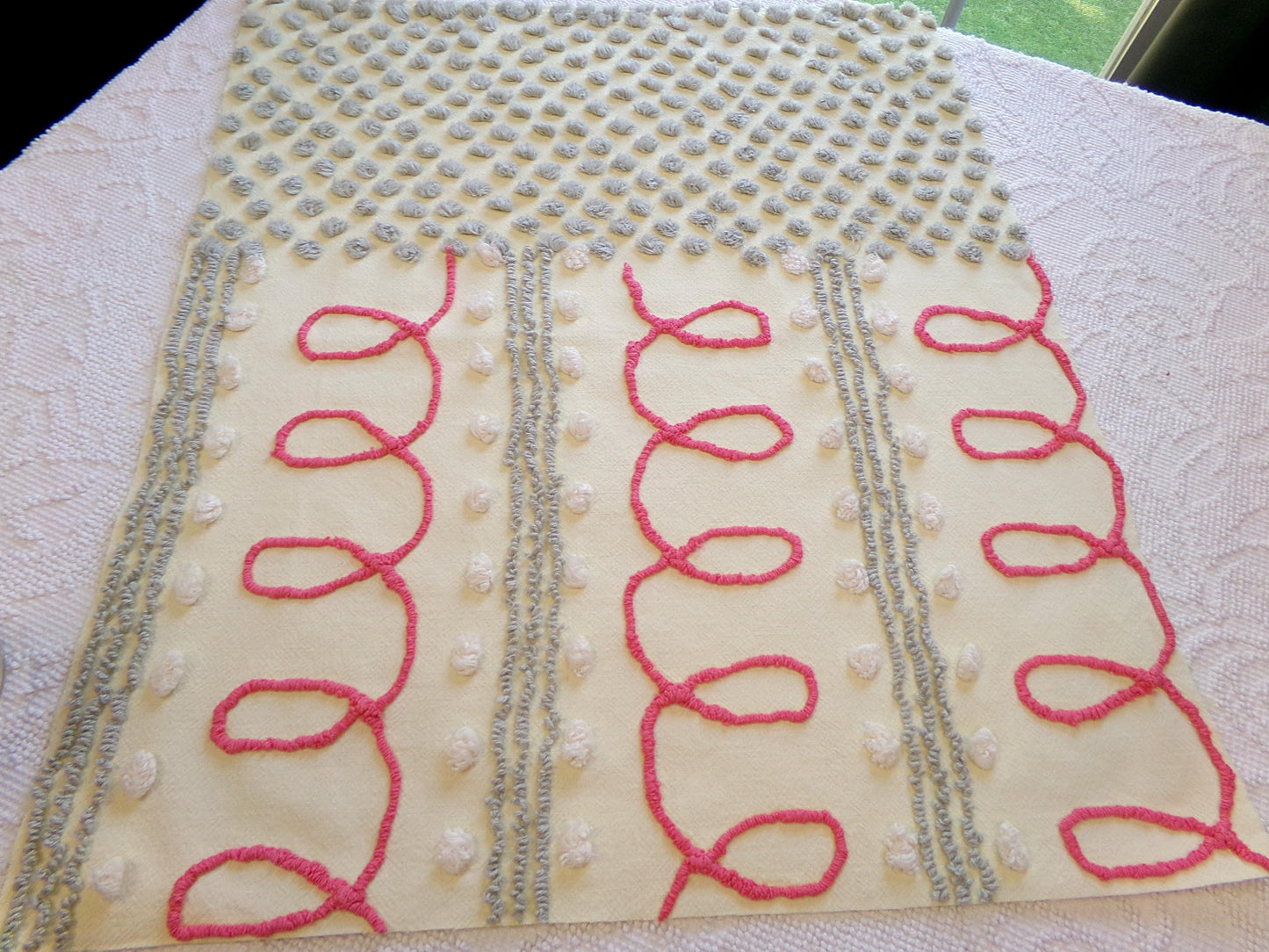 doodles & dots vintage chenille fabric, red loops w/ grep pops on buttery yellow, 20" x 24" cut piece