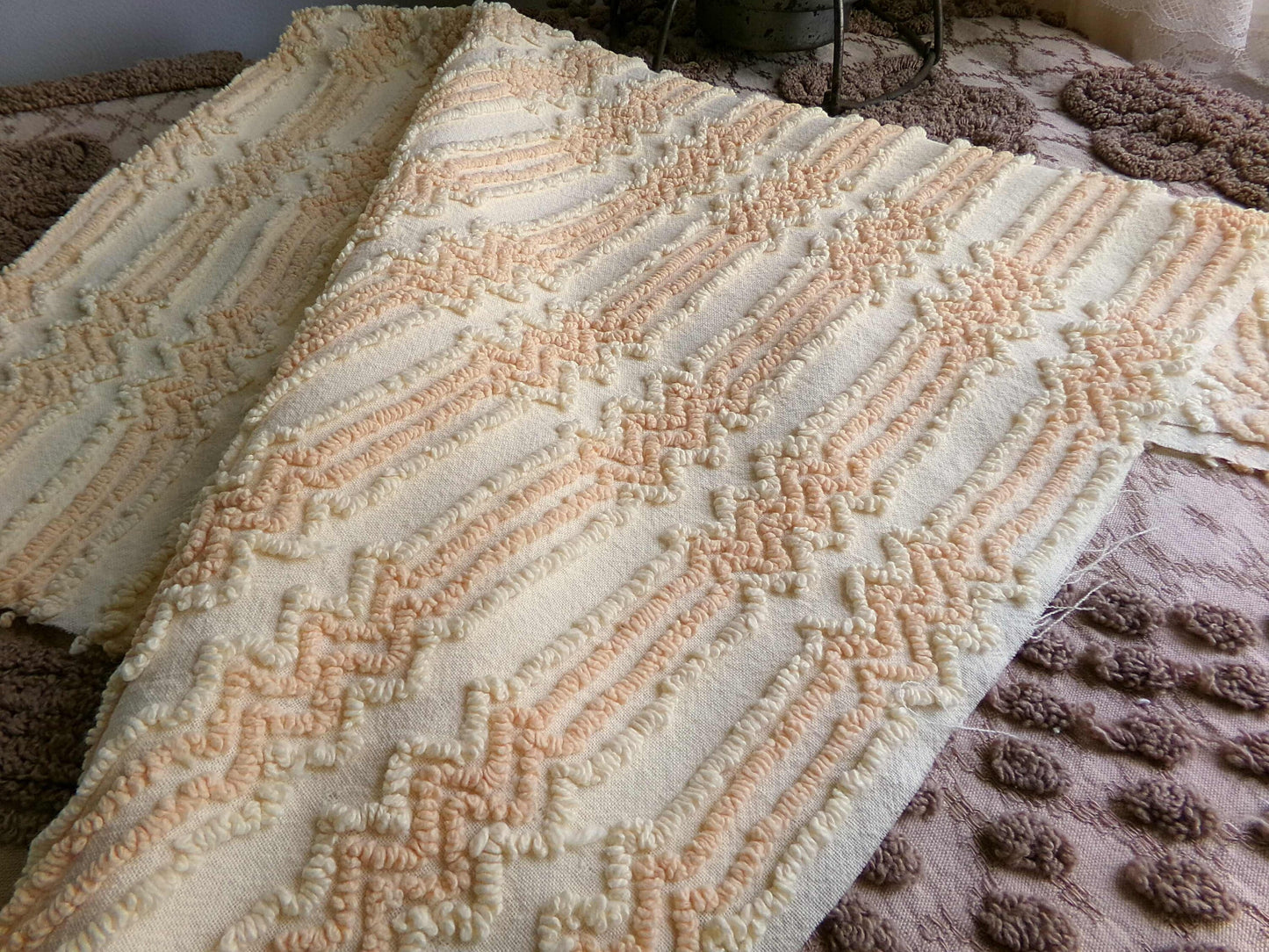 cosmic vintage chenille fabric in fantastic yellow lightning strike pattern, 19" x 30" cut fabric piece w/ needletuft zig zag zaps