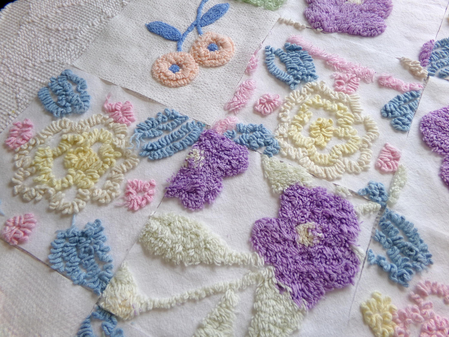shabby floral vintage chenille fabric squares: spring flowers set of 16 floral 6" quilt blocks