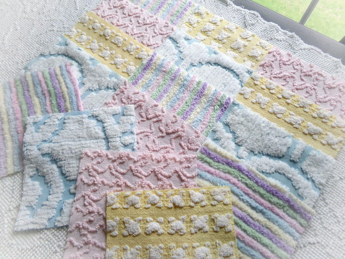 fairyland chenille fabric squares, 16 vintage 6" quilt blocks in pastel rainbow, pink & yellow rosebud, for sewing, crafts, fiber arts