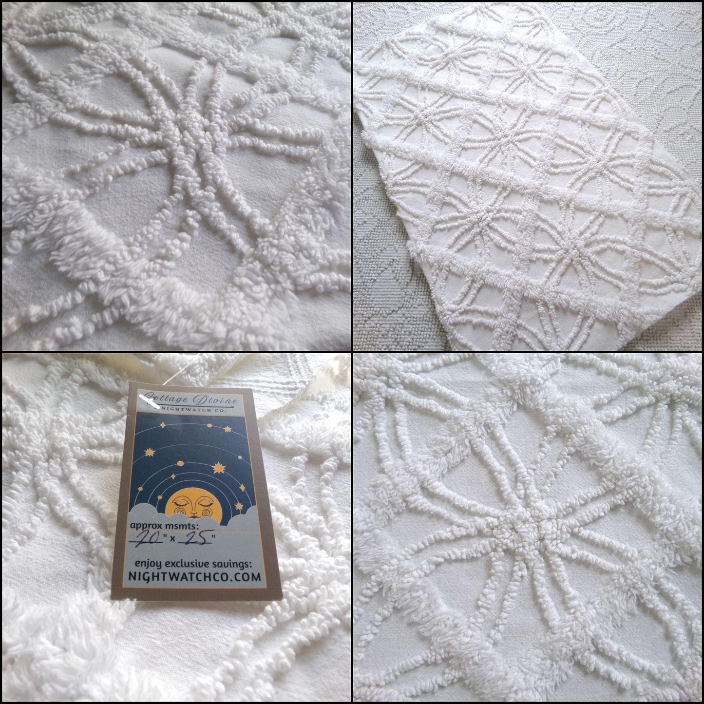 classy white chenille fabric, 3D windowpane webbing design, 20" x 25" inch piece of vintage sewing quilt material, versatile cool neutral
