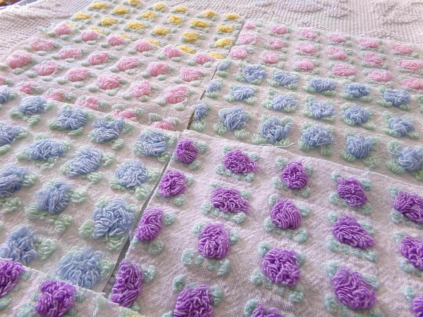 Premium Rosebuds Medley of chenille fabric squares, quilt square set cut from Vintage Chenille Bedspread Fabrics, 16 Blocks, 6" x 6" inch